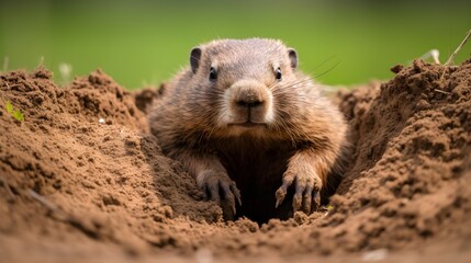 Curious Marmot Emerging from Burrow Groundhog in Hole Wildlife Close Up