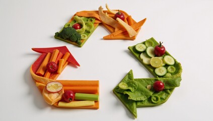 High-resolution image showcases an artistic representation of a recycling symbol made from colorful food waste promoting sustainability