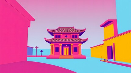 Vibrant Asian Temple in a Modern Cityscape