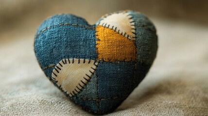 Handcrafted stitched fabric heart closeup photography warm textile art soft background emotional concept