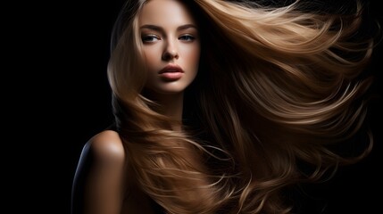 Fototapeta premium Stunning Blonde Woman with Long Flowing Hair in Dramatic Studio Lighting