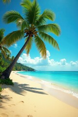 Golden sand, swaying palm, azure sky, tranquil scene, idyllic, bright, vacation