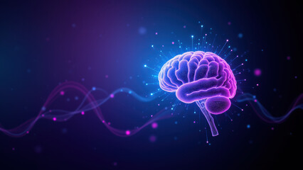 A visually striking AI-themed graphic with a vibrant purple brain at its core, radiating energy and light.