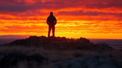Scenic sunset view of a silhouetted man on a mountaintop nature landscape majestic environment