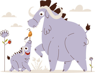 Cute cartoon illustration of a buffalo parent and baby interacting with a small bird. Whimsical nature scene with flowers and clouds.