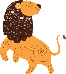 Whimsical illustration of a lion with a patterned mane and a playful expression. Artistic and decorative design in a cartoon style.