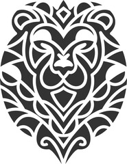 Obraz premium Black and white geometric lion head illustration with tribal patterns, bold symmetry, and intricate abstract design elements.