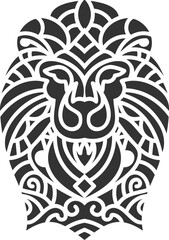 Black and white geometric lion head illustration featuring detailed tribal patterns, ornamental shapes, and bold symmetrical abstract art.
