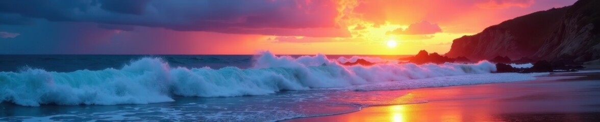 Fototapeta premium Sunset hues paint dramatic waves crashing on Great Ocean Road's coast , bird's eye view, breathtaking