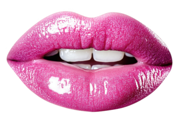 Glossy pink lips on a white isolated background.