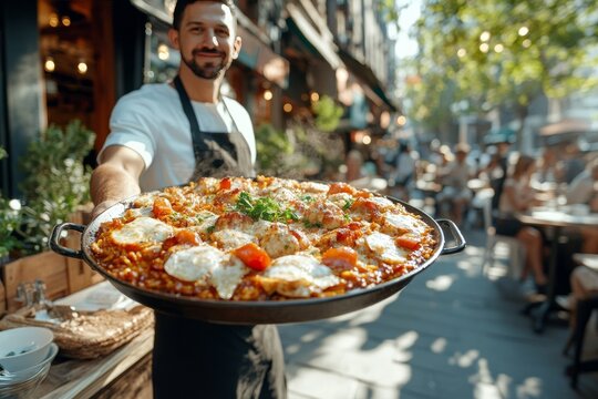 Fototapeta Street food restaurant waiter holding freshly cooked paella. Generative AI