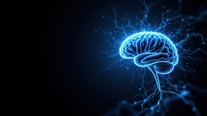 Futuristic lightning storm with glowing brain representing advanced artificial intelligence or AGI.