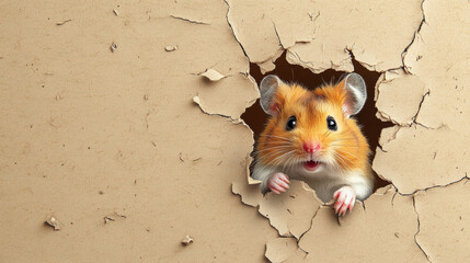 Brutal hamster, A whimsical image of a hamster energetically breaking through a paper wall, showcasing creativity and humor in a playful style.