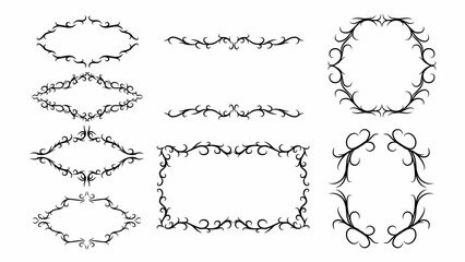Set of ornamental frames with sharp curves, black symmetrical decorative elements vector isolated