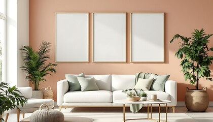 Modern living room, peach wall, white sofa, plants, mockups