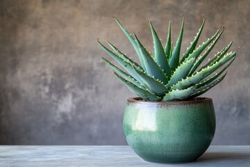 Aloe vera plant in a green ceramic pot on a table against a grey wall, with copy space for text, suitable for a banner design.