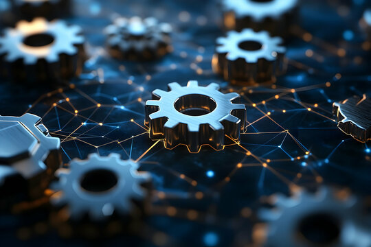 Metal gears and digital connections in technology network concept