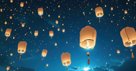 Naklejka premium Lanterns floating upward into the sky, symbolizing dreams lifting higher with hope, illuminated by bright, colorful light, creating a magical and peaceful atmosphere