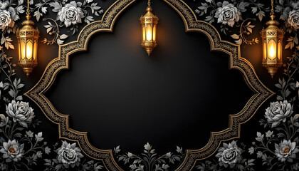 A beautifully designed Ramadan Kareem invitation card with a dark green background, glowing golden lanterns, and symmetrical floral motifs. The central blank space allows for inserting quotes, prayers