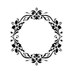 Elegant black and white floral ornamental design of a geometric frame on a white background.