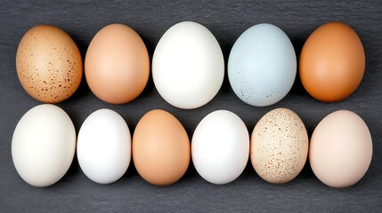 Assorted Chicken Egg Collection Showing Colors and Textures on a Dark Gray Backdrop Surface