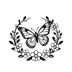Black and white illustration of a butterfly embraced by a floral wreath with an open flower silhouette.