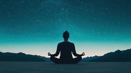 Mindfulness and meditation method Mindfulness and meditation method, A silhouette meditating under a starry night sky, surrounded by mountains, evokes a sense of peace and tranquility.