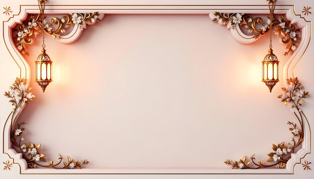 A beautifully designed Ramadan Kareem invitation card with a dark green background, glowing golden lanterns, and symmetrical floral motifs. The central blank space allows for inserting quotes, prayers