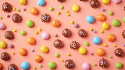 Fototapeta premium Colorful chocolate treats and candy arrangement studio setting food photography bright environment top-down view celebration concept