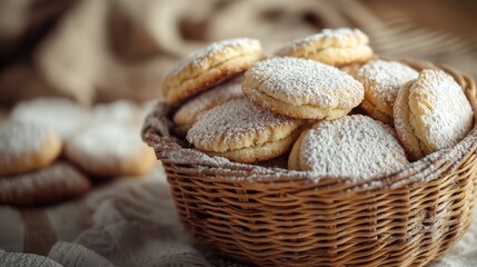 cookies displayed in a woven basket, their golden texture highlighted by the delicate sprinkling of icing sugar and natural light