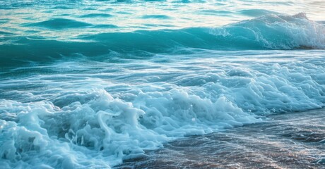 Ocean waves gently rolling onto shore, evoking calm and contentment, washing over the soul with a bright, colorful glow, capturing a peaceful, serene, and joyful atmosphere