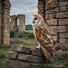 A barn owl sitting on the ruins of an ancient castle wall.