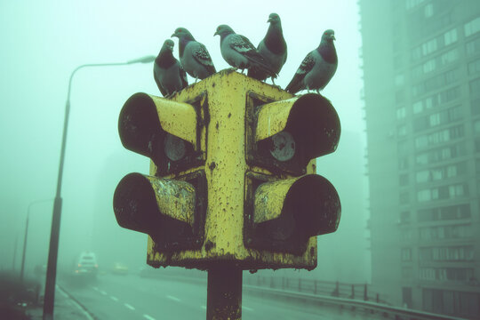 A cluster of pigeons gathering on an old, peeling yellow traffic light against a blurred backdrop