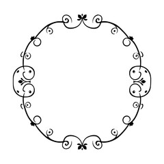 Intricate black line art, circular frame with flourishes, elegant design, ornate floral pattern and detailed details.