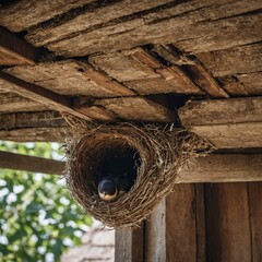A swallow building a nest under the eaves of an old house.