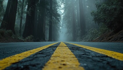 An empty road winds through the redwood forest, with fog and tall trees on both sides, leading into the unknown distance.