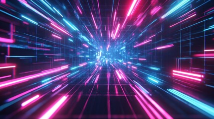 Naklejka premium High energy neon gaming background with glowing lines sharp geometric pattern cyber network wallpaper AI generated image