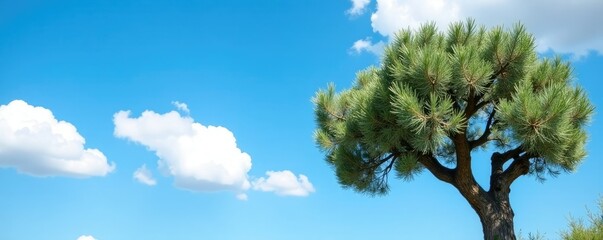 Obraz premium Olive tree against blue sky with few white clouds, branches, foliage, peaceful