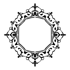 Ornate geometric black ink frame with a hexagonal octagonal shape. Floral and delicate flourishes.