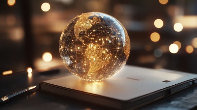 Close up of notebook with abstract globe sphere with coding and polygonal network. Future, technology and digital world concept. Double exposure