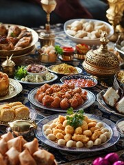 A lavish spread of traditional Indian dishes served on ornate plates and accompanied by an array of sauces, sweets, and savories.