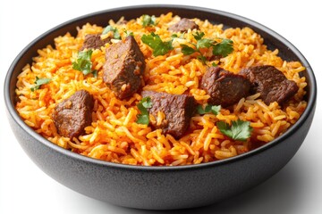 A hearty serving of beef and rice, seasoned with herbs and spices.