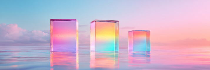 Fototapeta premium A surreal vista of floating, crystalline cubes drifting through pastel vapors, their shiny edges