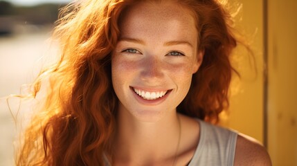 Fototapeta premium Radiant Young Woman with Red Curly Hair Freckles and Bright Smile