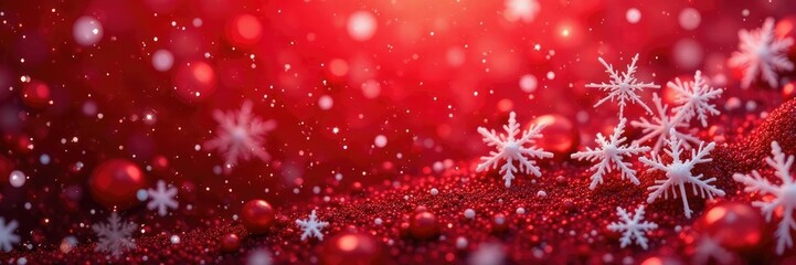Fototapeta premium Snowflakes of all sizes and shapes fill the snowy red expanse, texture, composition, snowflakes