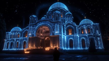 St. Volodymyr s Cathedral in Kyiv, Ukraine, Glowing Blue Outline on Dark Night, Digital Illustration