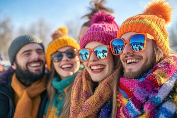 People dressed in bright, colorful winter clothing, laughing and enjoying a sunny outdoor gathering.