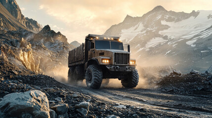 Obraz premium Off-road truck navigating rugged terrain in mountainous landscape during sunset with dramatic lighting