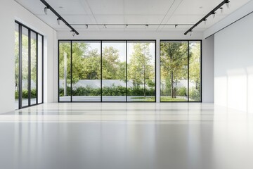An empty room with a white floor and a large window in a new, modern house in Thailand. The room has a black frame, and a garden is visible outside.