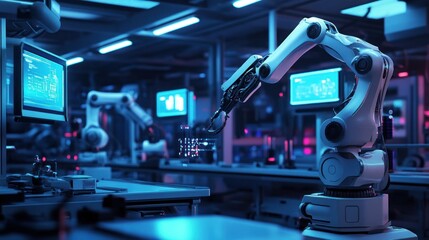 Fototapeta premium High-tech laboratories equipped with state-of-the-art robotic arms, AI-powered machines, background wallpaper AI generated image